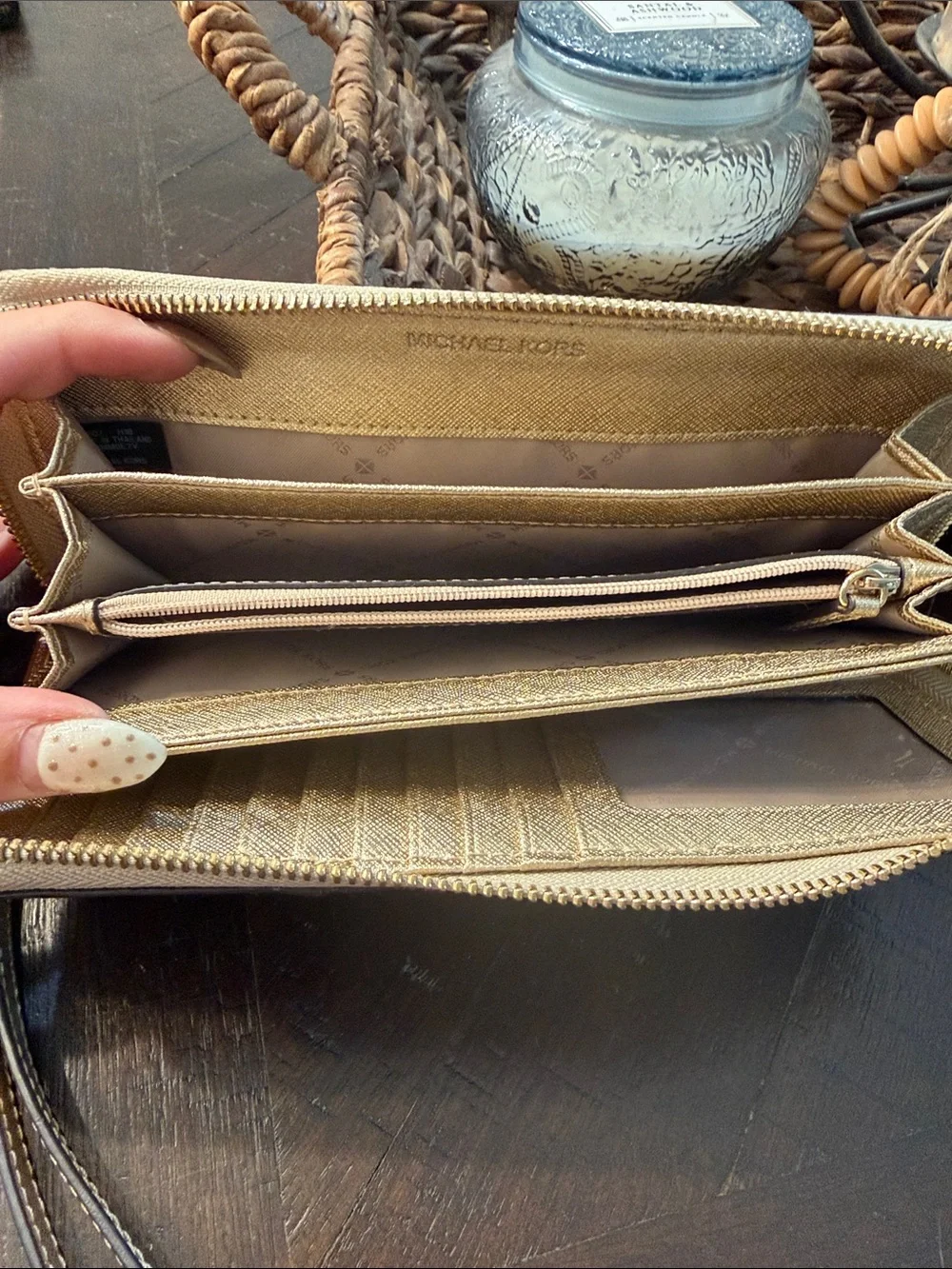 Michael Kors Beige and Brown Logo Zip Wristlet